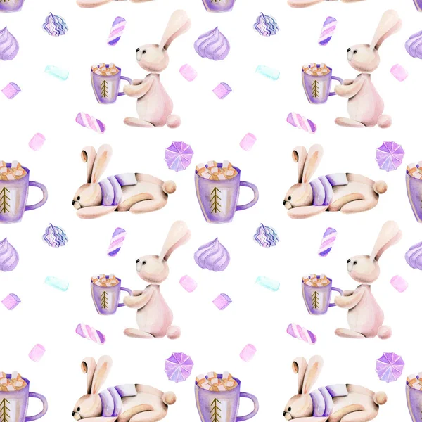 Modello Senza Cuciture Con Acquerello Conigli Carino Marshmallow Disegnato Mano — Foto Stock