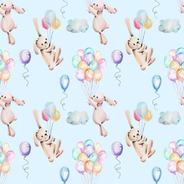Nahtloses Muster Mit Aquarell Niedlichen Kaninchen Mit Luftballons Hand Auf — Stockfoto