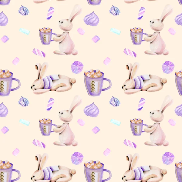 Modello Senza Cuciture Con Acquerello Conigli Carino Marshmallow Disegnato Mano — Foto Stock
