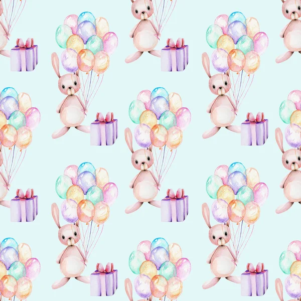 Sulu Boya şirin şenlikli tavşanlar, hediye kutuları ve hava ile Seamless Modeli elle mavi bir arka plan üzerinde çizilmiş resimler, balonlar