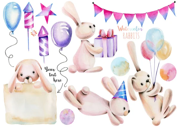 一套水彩画可爱的节日兔子和节日项目插图 手绘孤立在白色背景 — 图库照片
