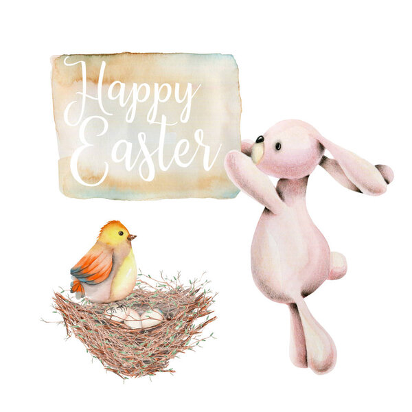 Watercolor Bird Easter Rabbit Banner Happy Easter Hand Drawn Illustration — Stock Photo, Image