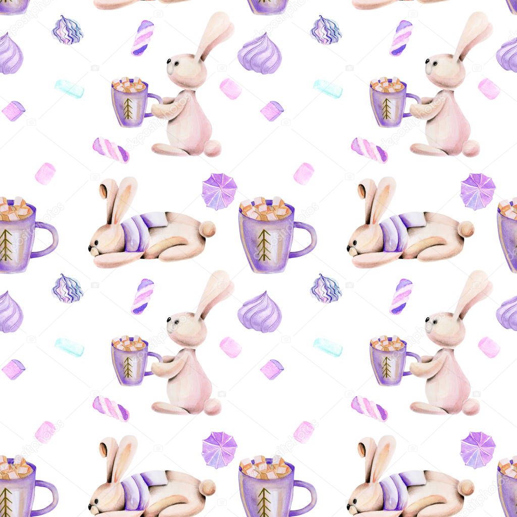 Seamless pattern with watercolor cute rabbits and marshmallow, hand drawn on a white background