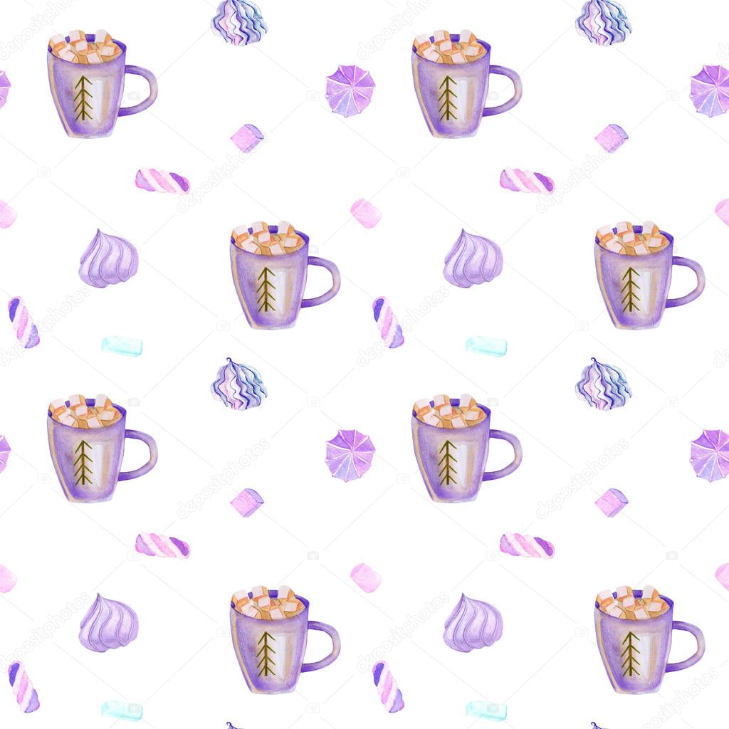 Seamless pattern with watercolor cups of cocoa and marshmallows, hand drawn on a white background