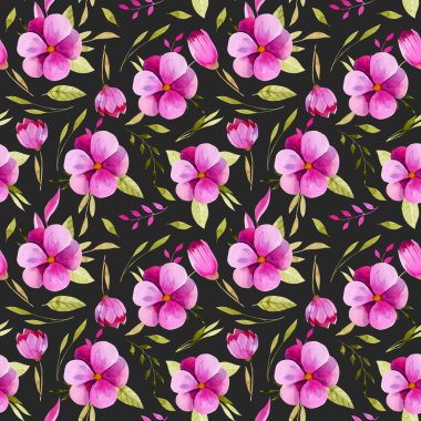 Suluboya bahar pembe çiçekler ve yeşil yaprakları seamless modeli, el karanlık bir arka plan üzerine boyalı