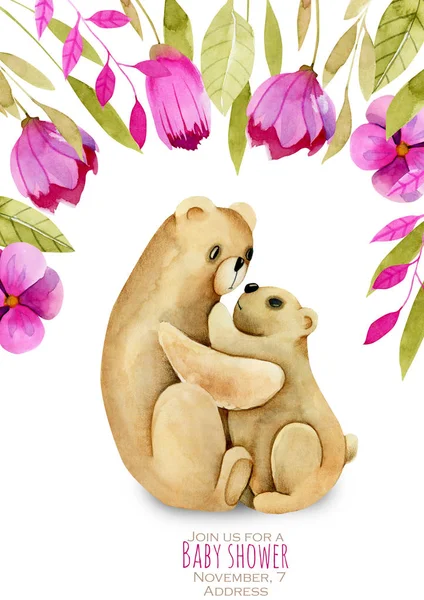 Ακουαρέλα Μητέρα Αρκούδα Και Μωρό Της Ροζ Λουλούδια Άνθινο Πλαίσιο — Φωτογραφία Αρχείου