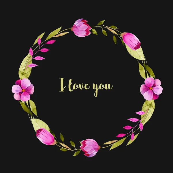 手描き暗い背景 愛カードのデザインに簡単な水彩のピンクの花と緑の葉と花輪 — ストック写真