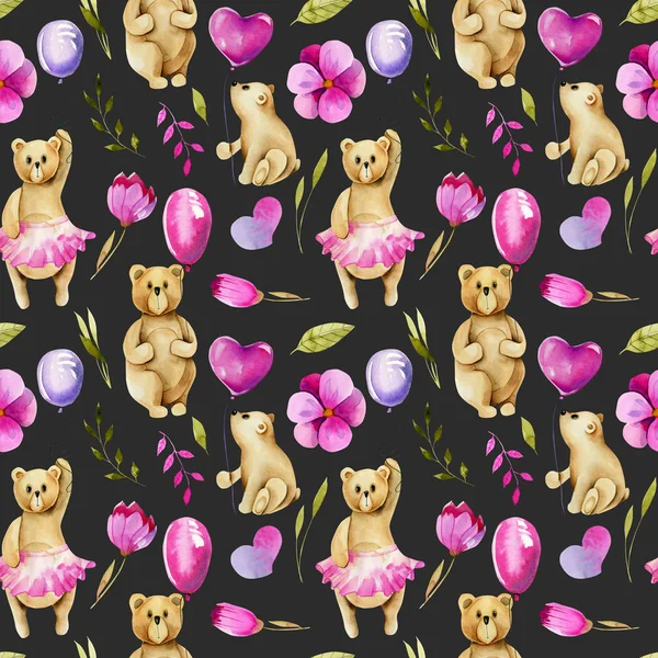 Nahtlose Muster Von Aquarell Bären Mit Luftballons Rosa Blumen Und — Stockfoto