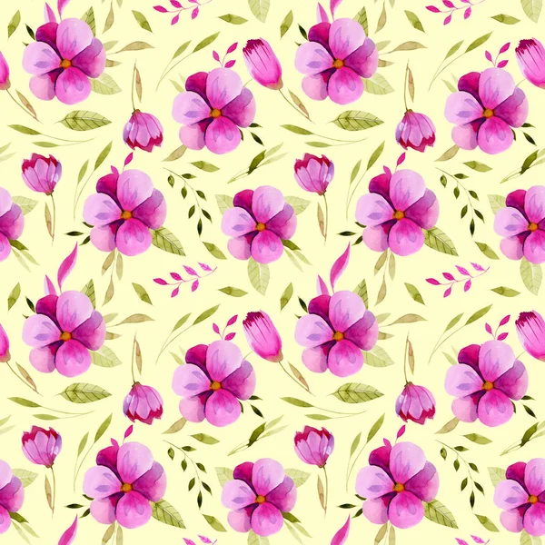 Aquarel Voorjaar Roze Bloemen Groene Bladeren Naadloze Patroon Hand Geschilderd — Stockfoto