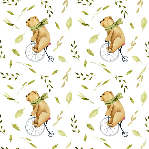 Seamless pattern of watercolor cute bears on a bicycle and green plant elements, hand drawn on a white background