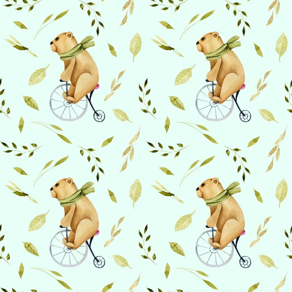 Padrão Sem Costura Ursos Bonitos Aquarela Uma Bicicleta Elementos Vegetais — Fotografia de Stock