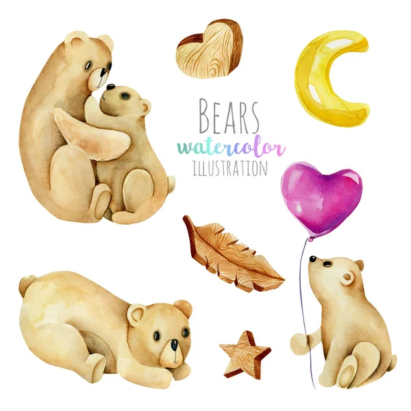 Collection, set of watercolor cute bears and wodden elements illustrations, hand drawn isolated on a white background