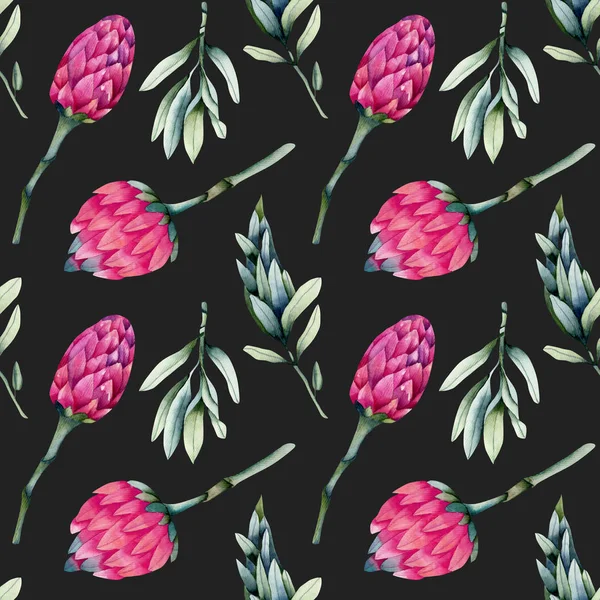 Watercolor Pink Protea Flowers Green Branches Seamless Pattern Hand Painted — Stock Photo, Image