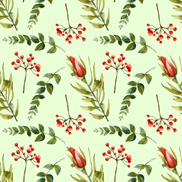 Watercolor Flourishing Protea Green Branches Red Berries Seamless Pattern Hand — Stock Photo, Image