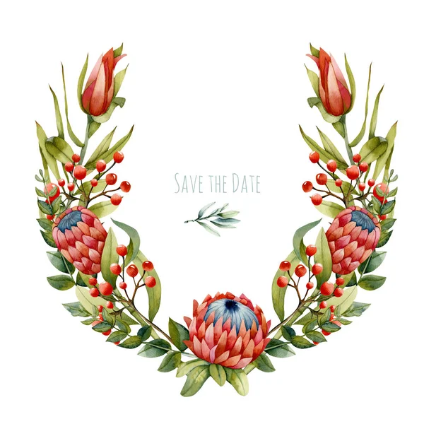 Wreath Watercolor Protea Flower Green Branches Hand Painted White Background — Stock Photo, Image