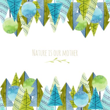 Kart şablonu, suluboya basit ağaçlar ve spruces sınırları, beyaz bir arka planda çizilmiş el 