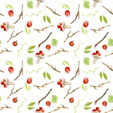 Suluboya orman bitkileri, ağaç dalları ve yaprakları, el Beyaz bir arka planda çizilmiş Dikişsiz deseni