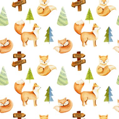 Suluboya sevimli tilki ve basit spruces, el Beyaz bir arka planda çizilmiş Dikişsiz deseni 