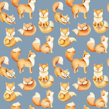 Suluboya sevimli tilki, el Mavi bir arka planda çizilmiş Dikişsiz deseni