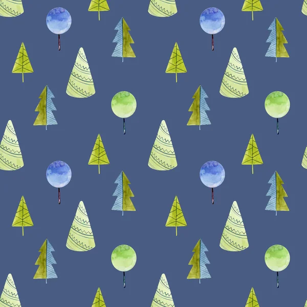 Seamless Pattern Watercolor Simple Trees Spruces Hand Drawn Blue Background — Stock Photo, Image