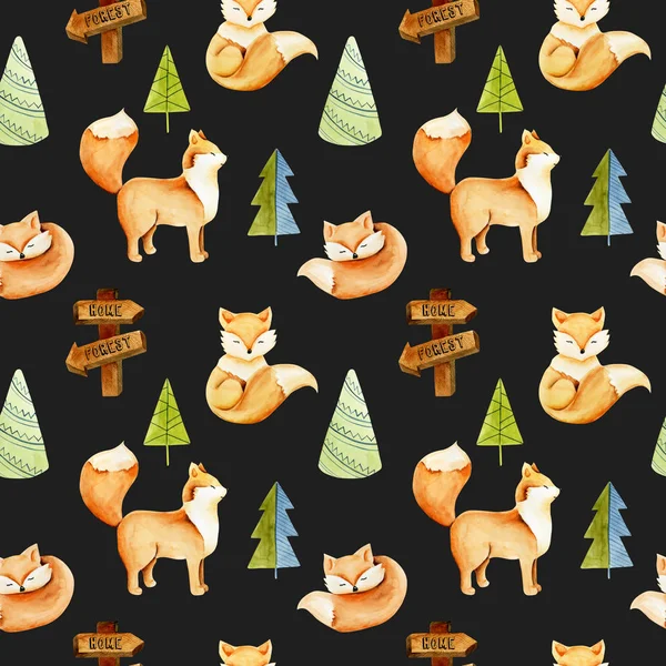 Seamless Pattern Watercolor Cute Foxes Simple Spruces Hand Drawn Dark — Stock Photo, Image