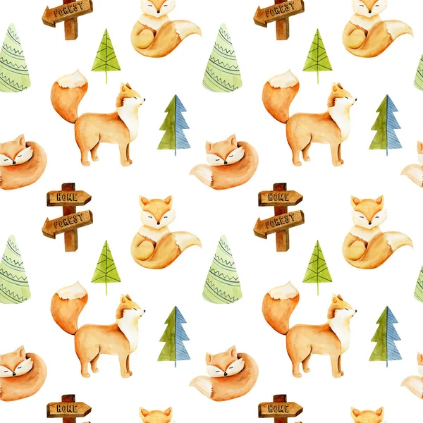 Seamless Pattern Watercolor Cute Foxes Simple Spruces Hand Drawn White — Stock Photo, Image