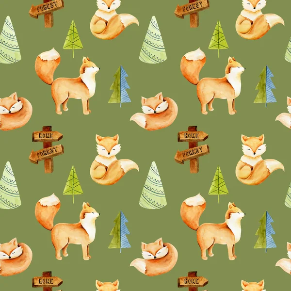 Seamless Pattern Watercolor Cute Foxes Simple Spruces Hand Drawn Green — Stock Photo, Image