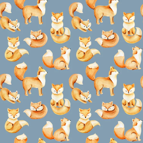 Seamless pattern of watercolor cute foxes, hand drawn on a blue background