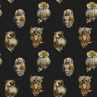 Suluboya sevimli baykuş, karanlık bir arka planda çizilmiş el Dikişsiz deseni