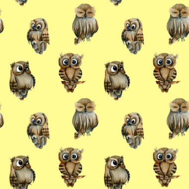 Suluboya sevimli baykuş, el sarı bir arka planda çizilmiş Dikişsiz deseni