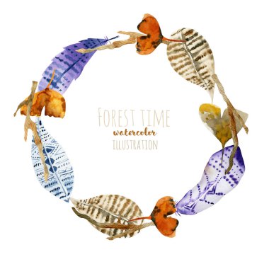 Suluboya tüyleri ve orman doğal unsurları çelenk, el Beyaz bir arka planda çizilmiş