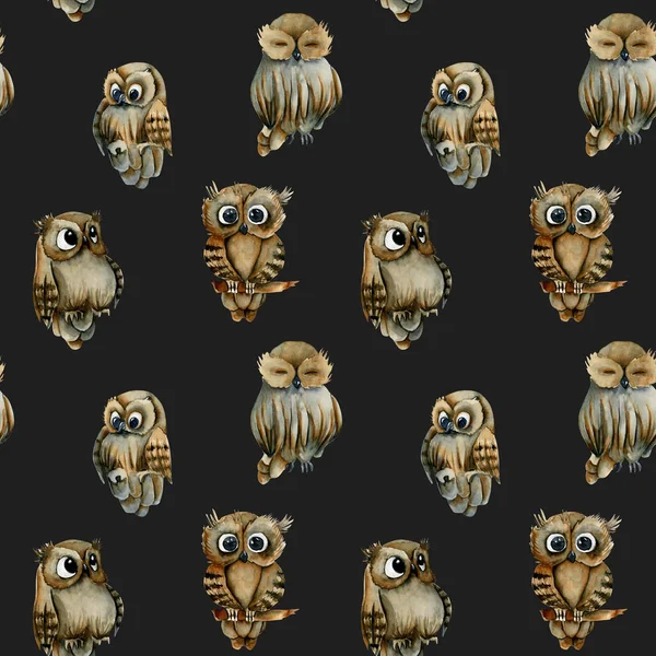 Seamless pattern of watercolor cute owls, hand drawn on a dark background