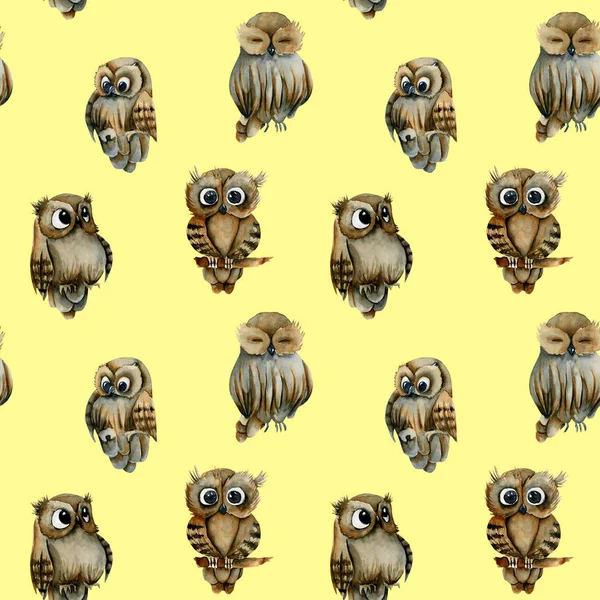 Seamless pattern of watercolor cute owls, hand drawn on a yellow background
