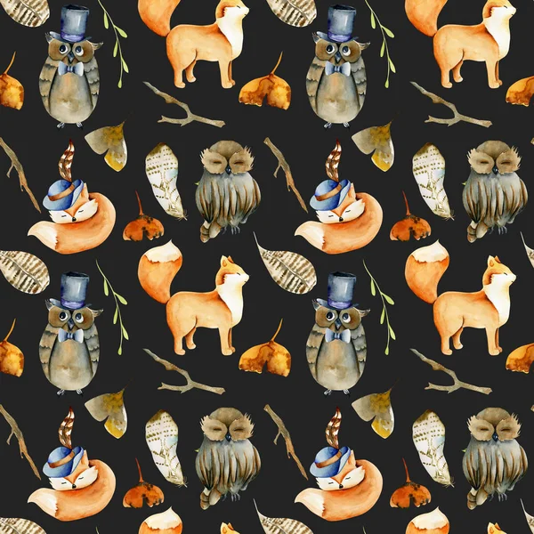 Seamless pattern of watercolor pretty foxes, owls and forest natural elements, hand drawn on a dark background