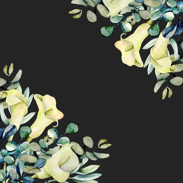 Kártya Sablon Akvarell Fehér Callas Virágok Eukaliptusz Ágak Kézzel Festett — Stock Fotó