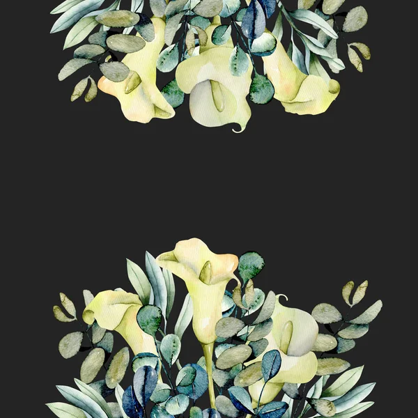 Szablon Karty Akwarela Białych Kwiatów Callas Oddziałów Eukaliptusa Ręcznie Malowane — Zdjęcie stockowe