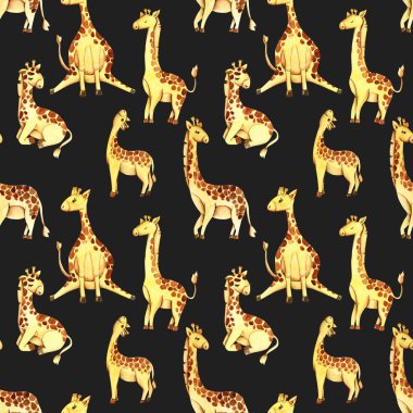 Suluboya sevimli zürafalar Dikişsiz desen, el koyu bir arka planda çizilmiş
