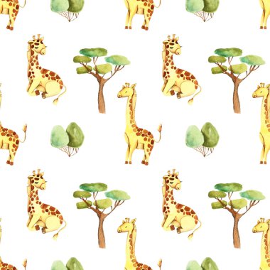 Suluboya sevimli zürafalar ve ağaçlar Dikişsiz desen, el Beyaz bir arka planda çizilmiş
