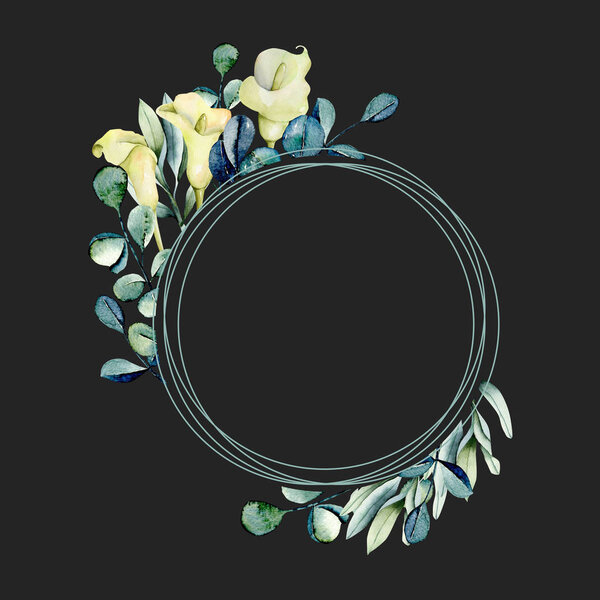 Round frame with watercolor white callas flowers and eucalyptus branches, hand painted on a dark background, design perfect for wedding