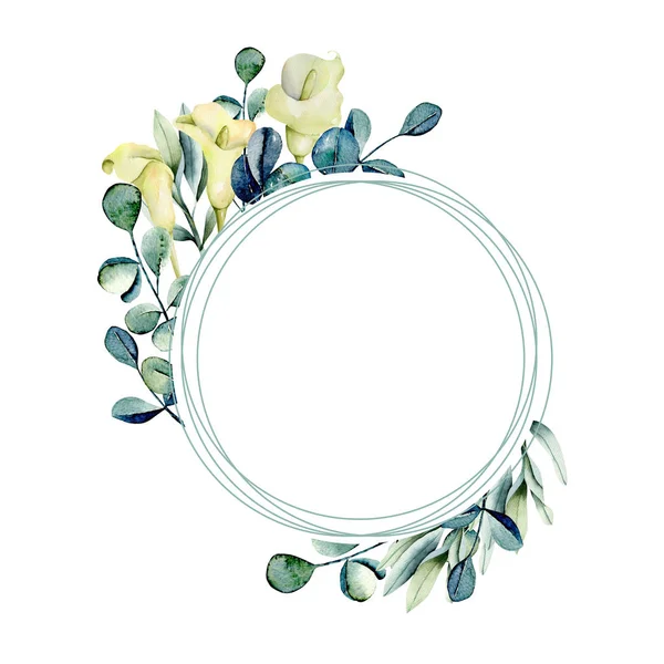 Frame Watercolor White Callas Flowers Eucalyptus Branches Hand Painted White — Stock Photo, Image