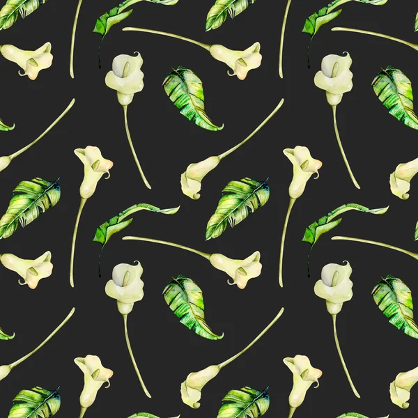Акварельні Білі Квіти Калі Зелене Тропічне Листя Безшовний Візерунок Рука — стокове фото