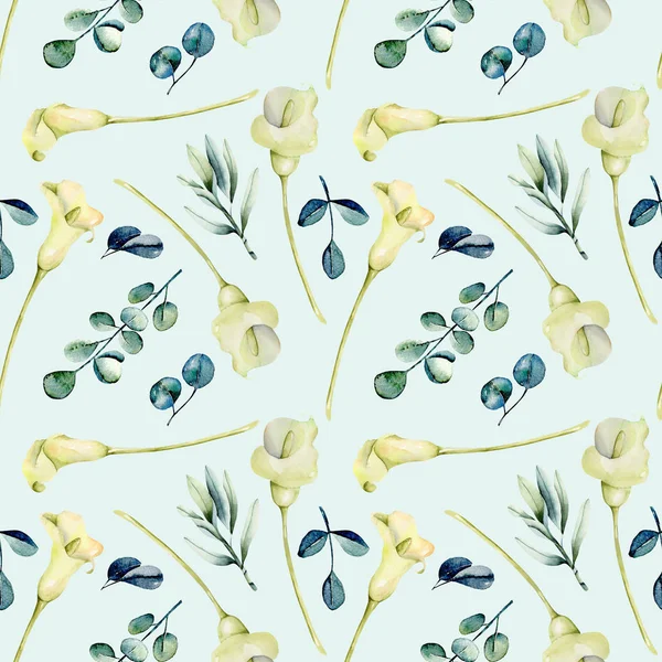Watercolor White Callas Flowers Eucalyptus Branches Seamless Pattern Hand Painted — Stock Photo, Image