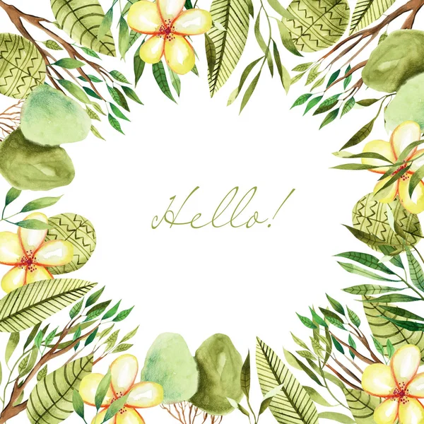 Watercolor tropical plants and flowers frame border, card template, hand painted on a white background