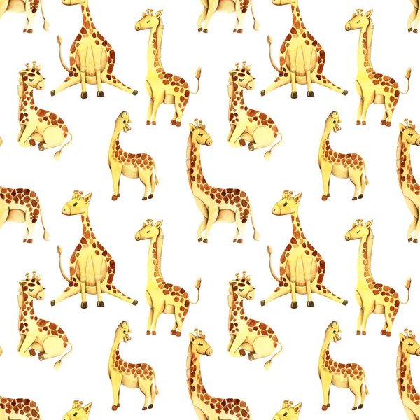 Watercolor cute giraffes seamless pattern, hand drawn on a white background