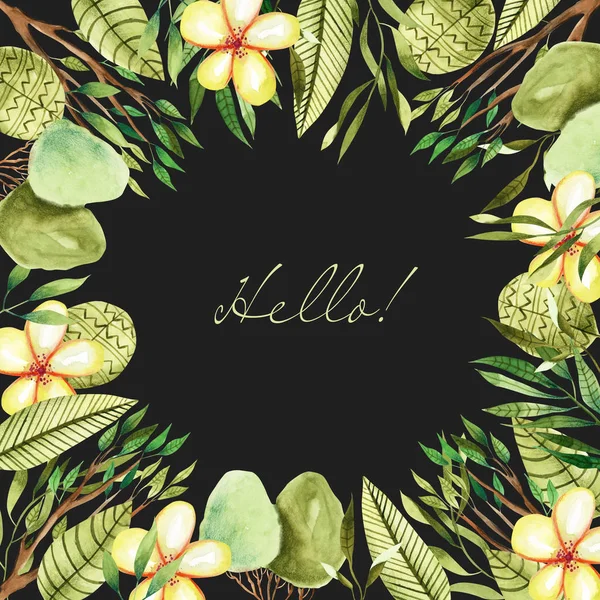 Akwarela Tropikalne Rośliny Kwiaty Obramowanie Ramki Szablon Karty Ręcznie Malowane — Zdjęcie stockowe