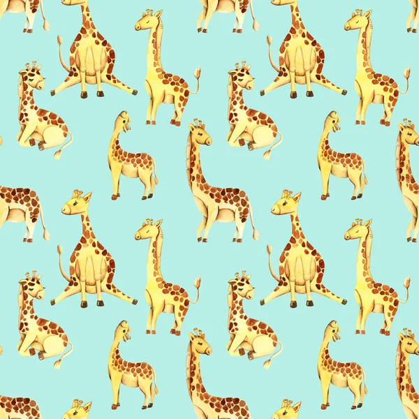Watercolor Cute Giraffes Seamless Pattern Hand Drawn Blue Background — Stock Photo, Image