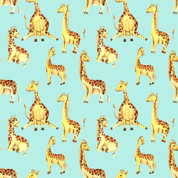 Watercolor cute giraffes seamless pattern, hand drawn on a blue background