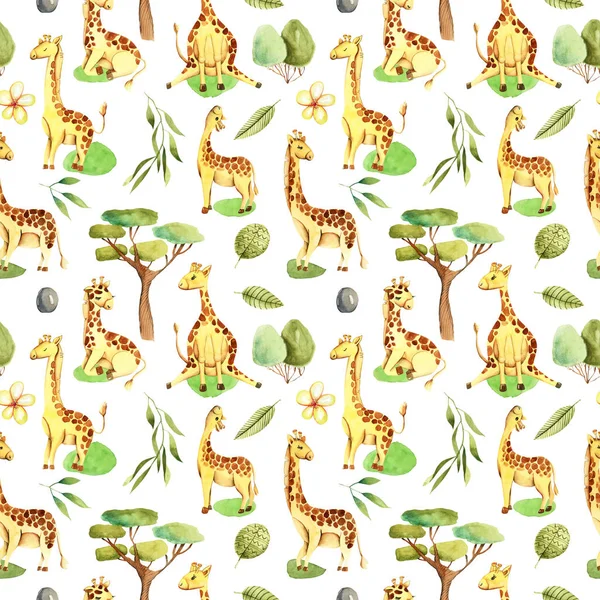 Watercolor cute giraffes, trees and floral elements seamless pattern, hand drawn on a white background