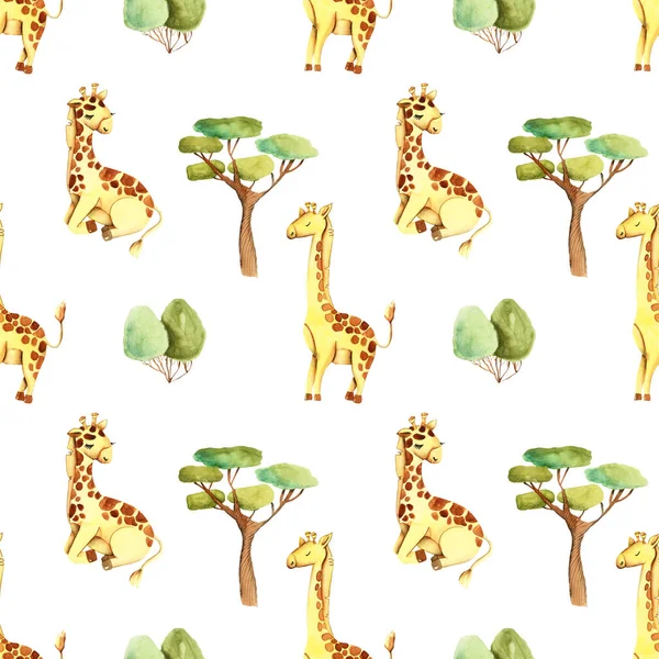 Watercolor Cute Giraffes Trees Seamless Pattern Hand Drawn White Background — Stock Photo, Image