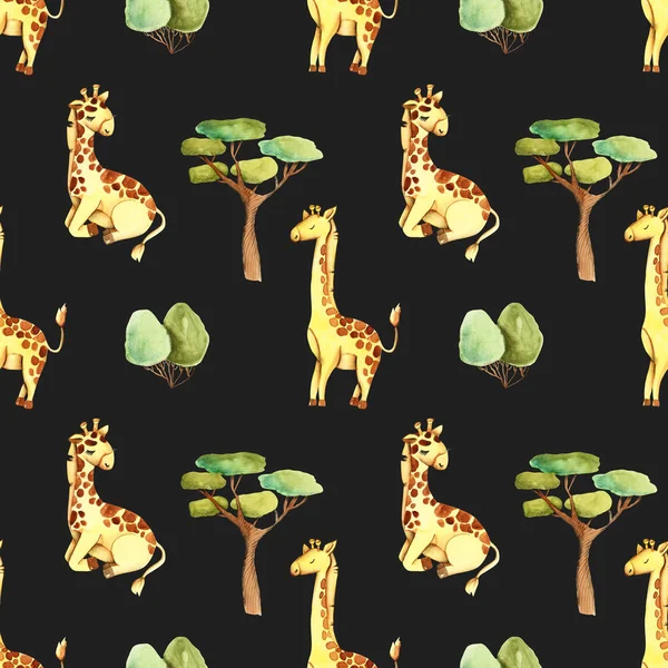 Watercolor cute giraffes and trees seamless pattern, hand drawn on a dark background